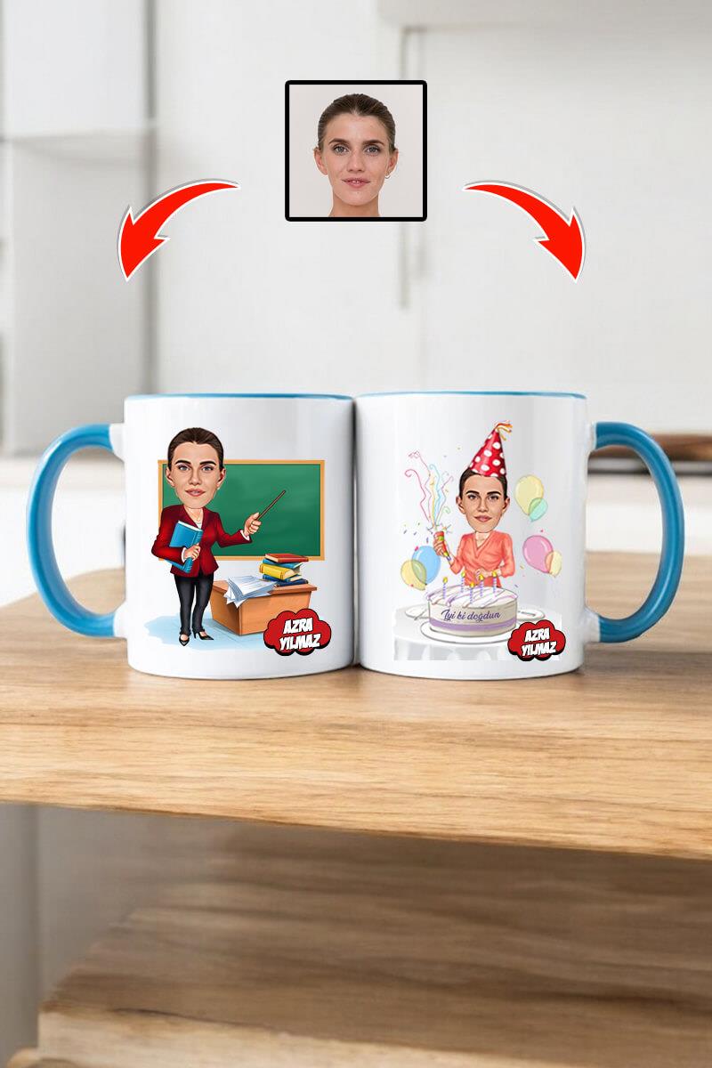 Öğretmene Doğum Günü Hediyesi Kadın Öğretmen Karikatürlü Kupa Bardak
