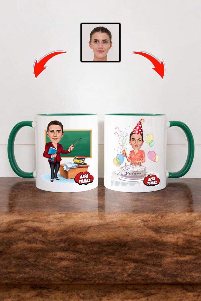 Öğretmene Doğum Günü Hediyesi Kadın Öğretmen Karikatürlü Kupa Bardak
