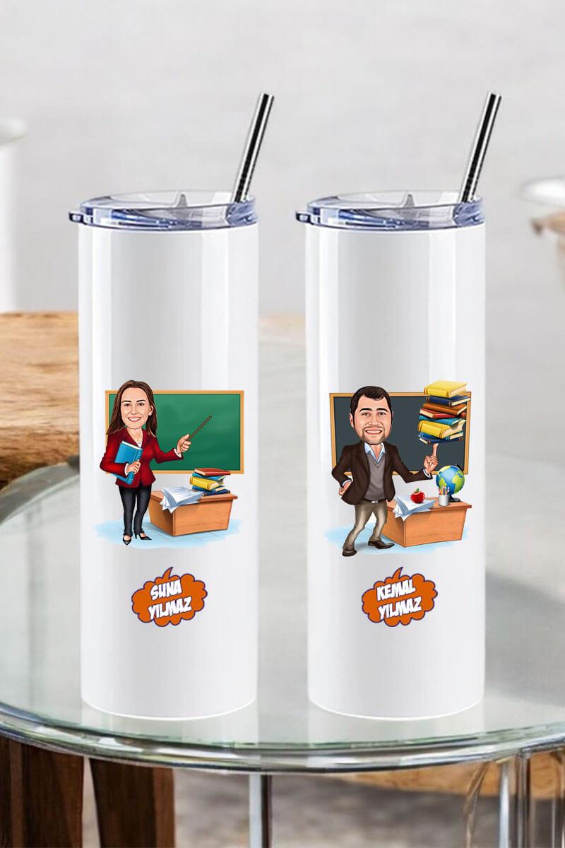 Öğretmenler Gününe Özel Pipetli Çelik Termos Bardak