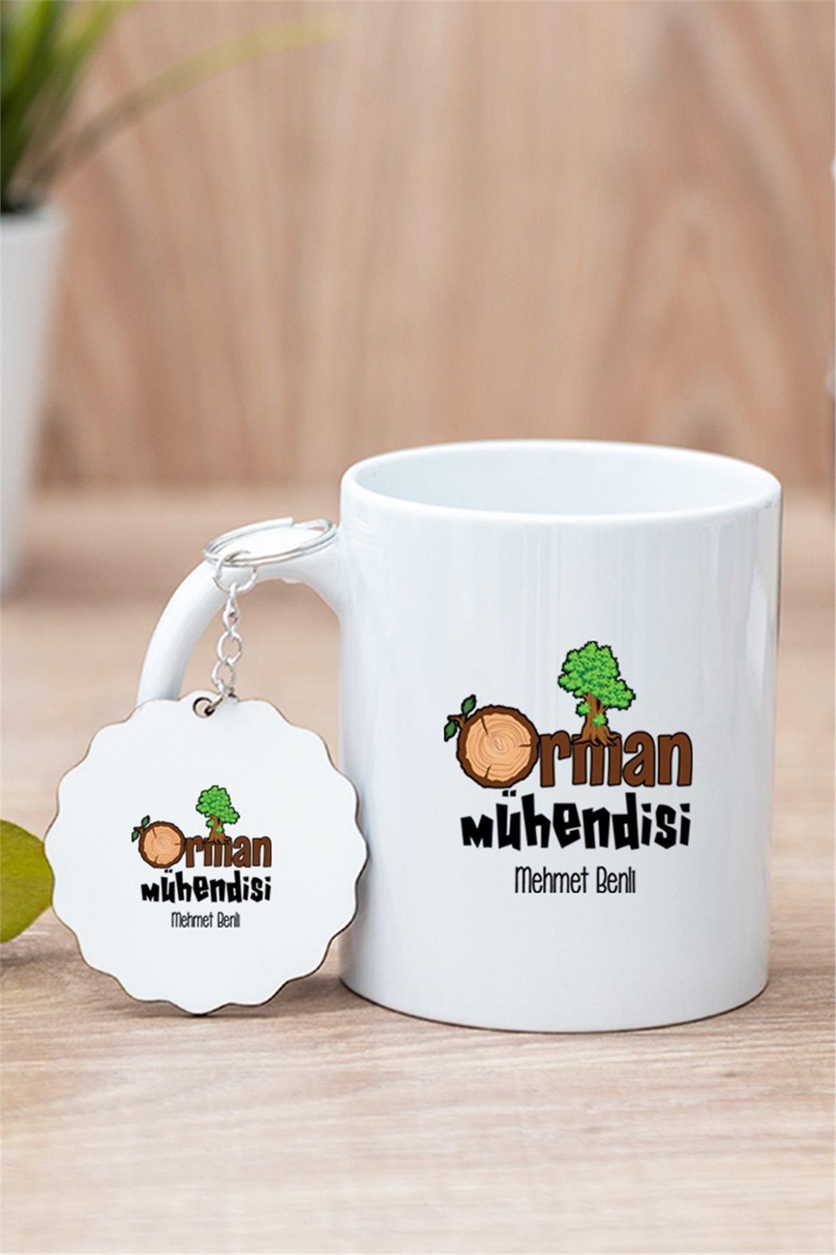 Orman Mühendisi Beyaz Kupa Bardak ve Ahşap Anahtarlık