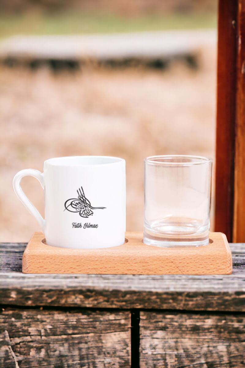 Osmanlı Tuğralı İsme Özel Ahşap Sunumlu Türk Kahvesi Fincanı