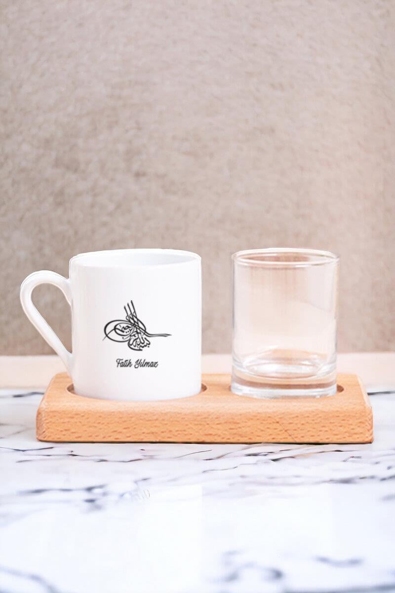 Osmanlı Tuğralı İsme Özel Ahşap Sunumlu Türk Kahvesi Fincanı