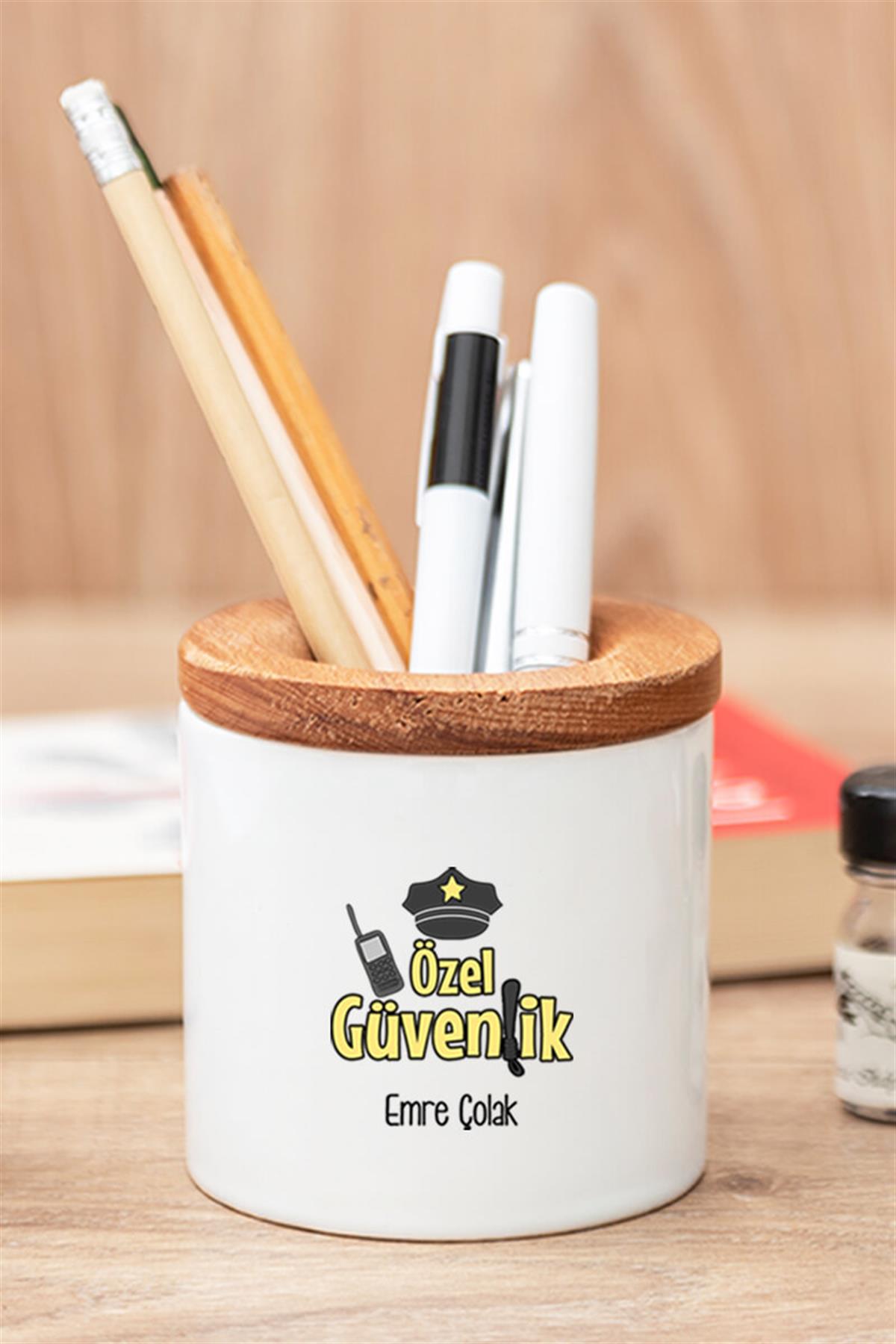 Özel Güvenliklere Hediye Seti Ahşap Altlıklı Fincan ve Kalemlik