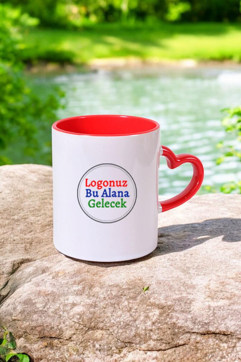 Porselen Logo Baskılı Kalp Kulplu Promosyon Kupa Bardak