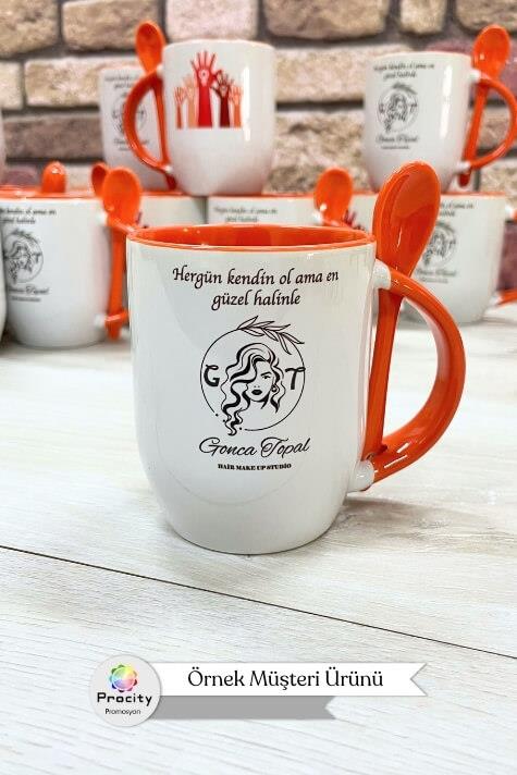 Porselen Logo Baskılı Kaşıklı Turuncu Promosyon Kupa Bardak