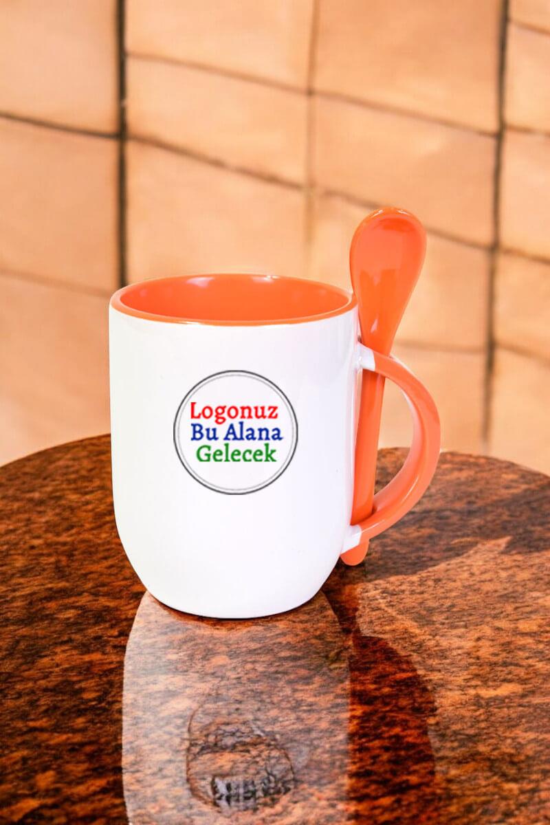 Porselen Logo Baskılı Kaşıklı Turuncu Promosyon Kupa Bardak