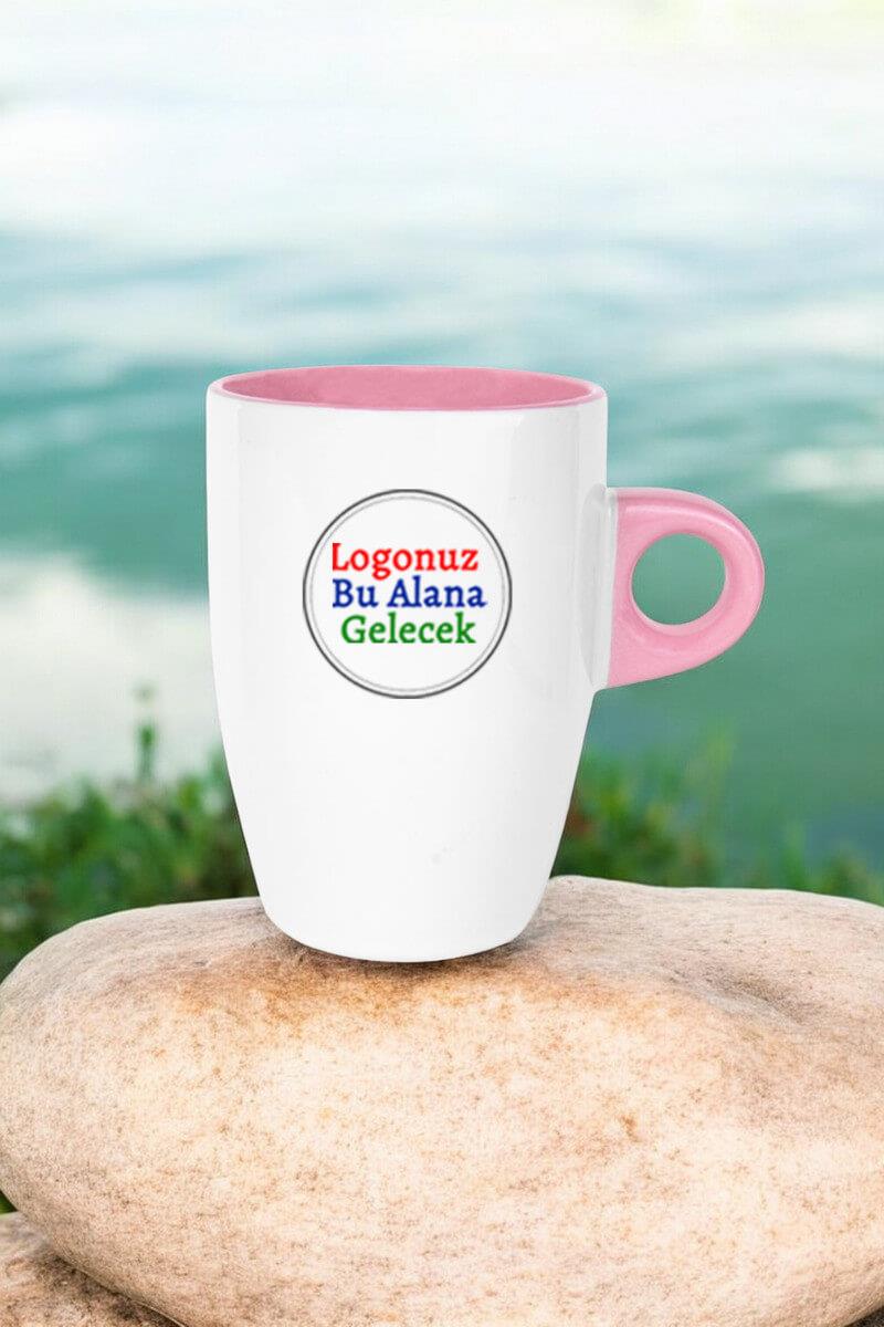 Porselen Logo Baskılı Promosyon Pembe Latte Kupası