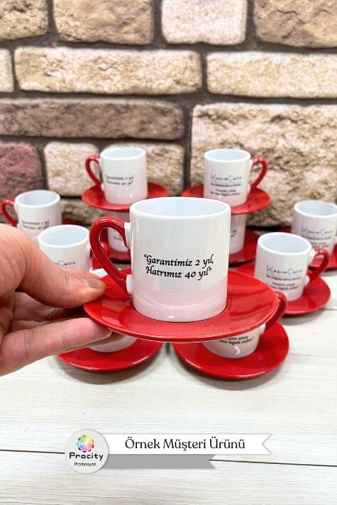 Porselen Logo Baskılı Promosyon Silindir Kırmızı Türk Kahvesi Fincanı