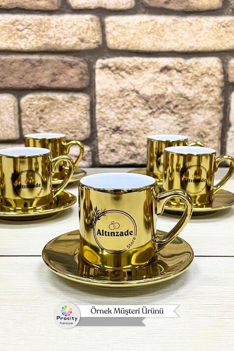 Porselen Logo Baskılı Promosyon Silindir Gold Türk Kahvesi Fincanı