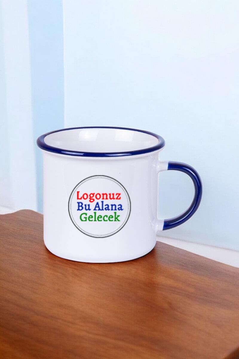 Porselen Logolu Kulpu ve Ağız Çevresi Lacivert Enamel Promosyon Kupa Bardak