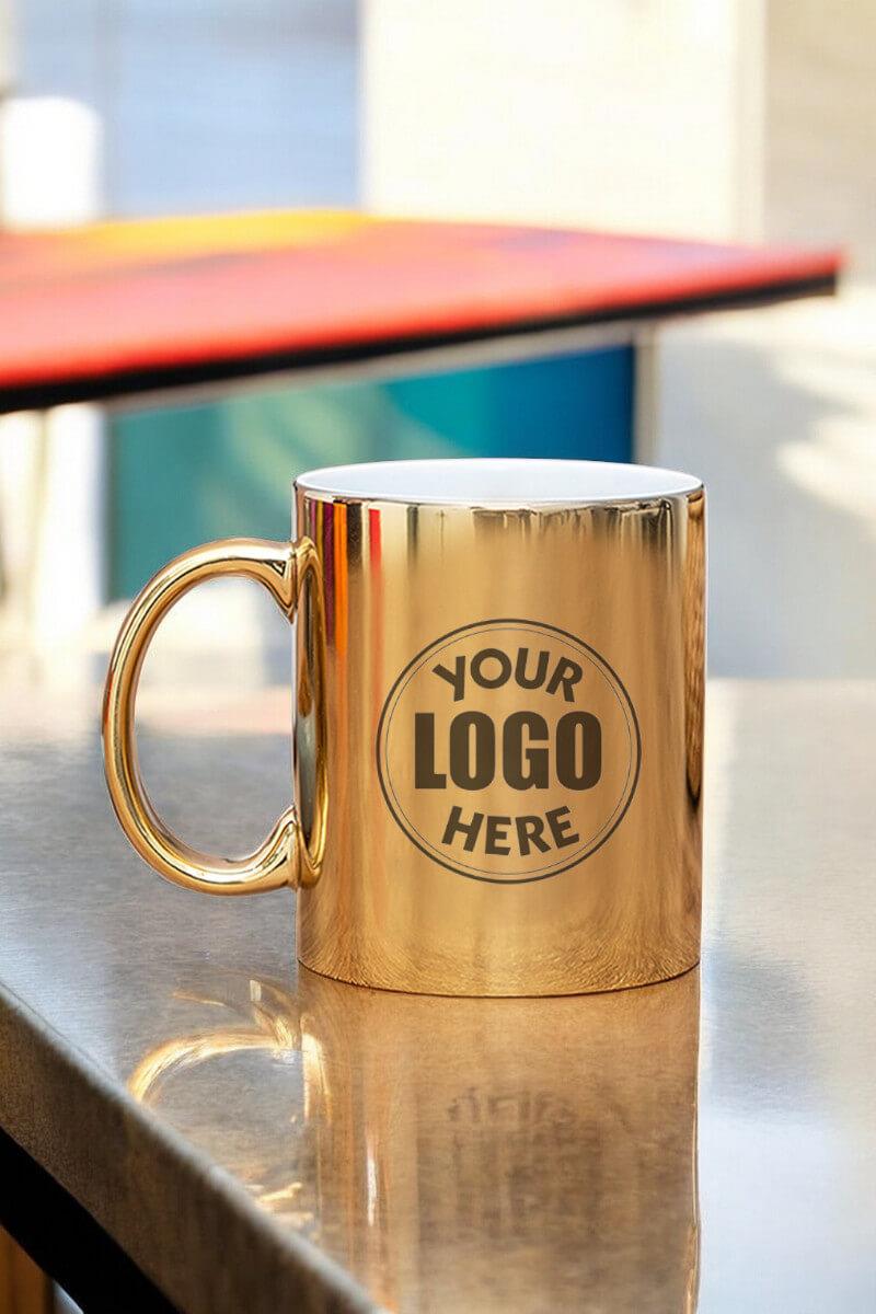 Porselen Silindir Logo Baskılı Aynalı Gold Promosyon Kupa Bardak