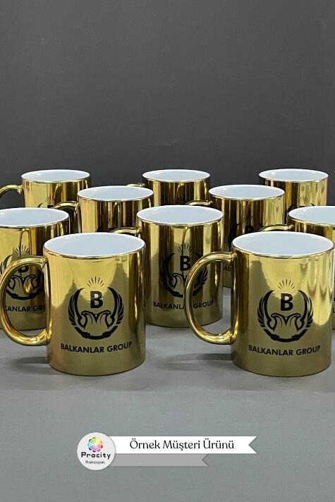Porselen Silindir Logo Baskılı Aynalı Gold Promosyon Kupa Bardak