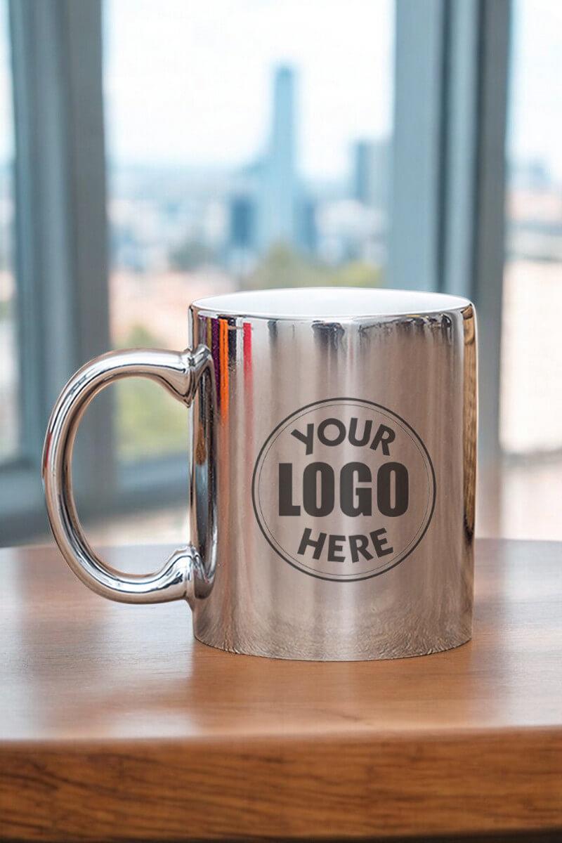 Porselen Silindir Logo Baskılı Aynalı Silver Promosyon Kupa Bardak