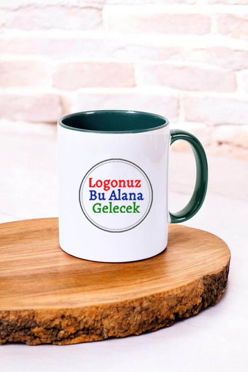 Porselen Silindir Logolu İçi ve Kulpu Yeşil Promosyon Kupa Bardak