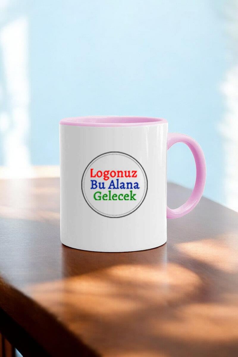 Porselen Silindir Logolu İçi ve Kulpu Pembe Promosyon Kupa Bardak