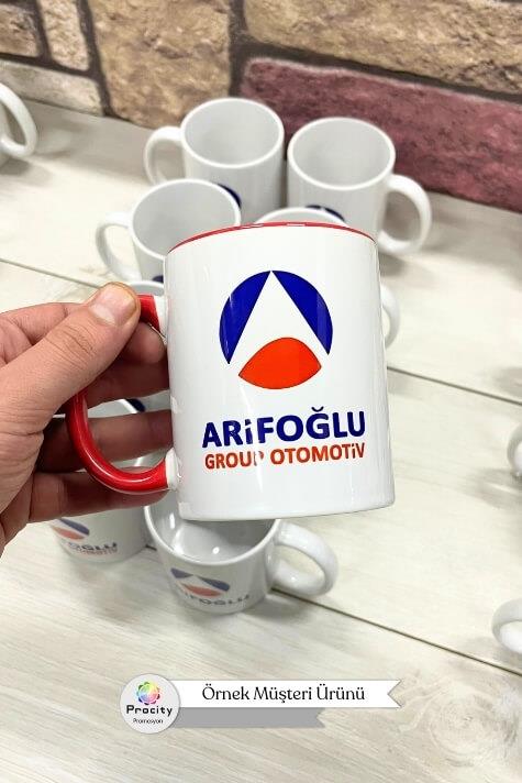 Porselen Silindir Logolu İçi ve Kulpu Kırmızı Promosyon Kupa Bardak