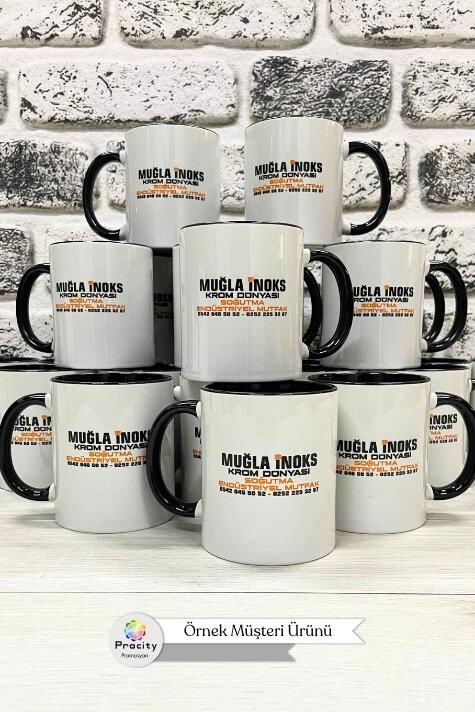 Porselen Silindir Logolu İçi ve Kulpu Siyah Promosyon Kupa Bardak