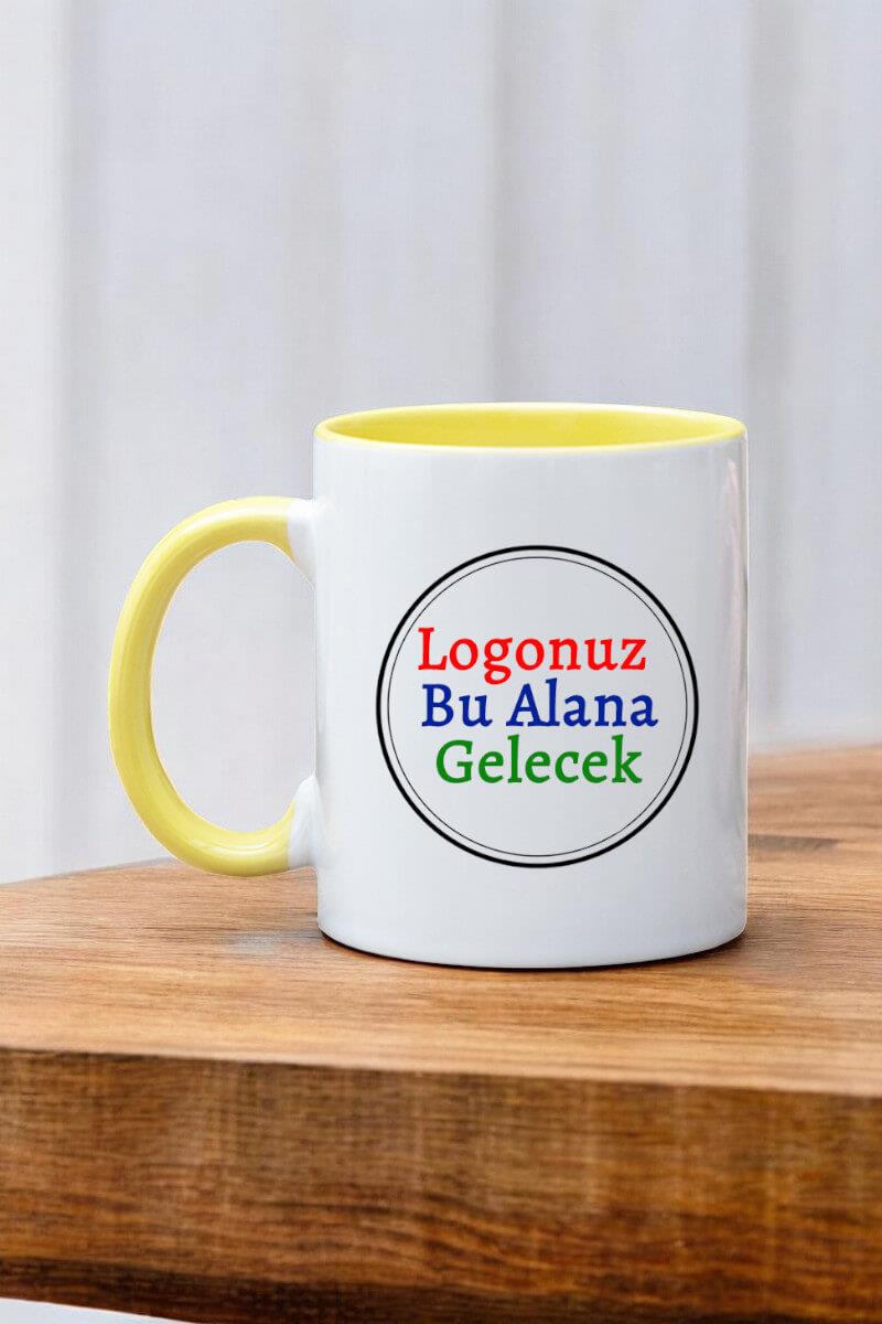 Porselen Silindir Logolu İçi ve Kulpu Sarı Promosyon Kupa Bardak