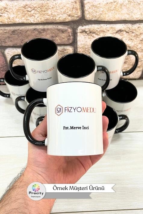 Porselen Silindir Logolu İçi ve Kulpu Siyah Promosyon Kupa Bardak