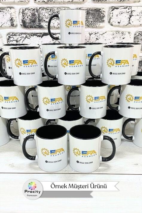 Porselen Silindir Logolu İçi ve Kulpu Siyah Promosyon Kupa Bardak