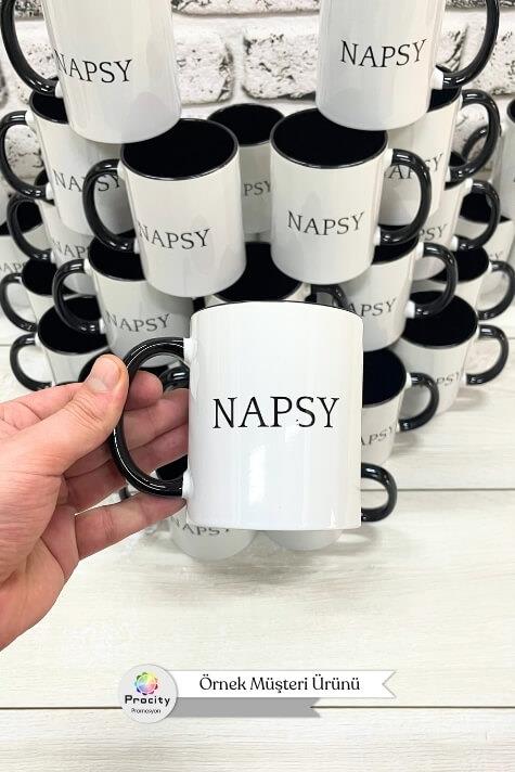 Porselen Silindir Logolu İçi ve Kulpu Siyah Promosyon Kupa Bardak