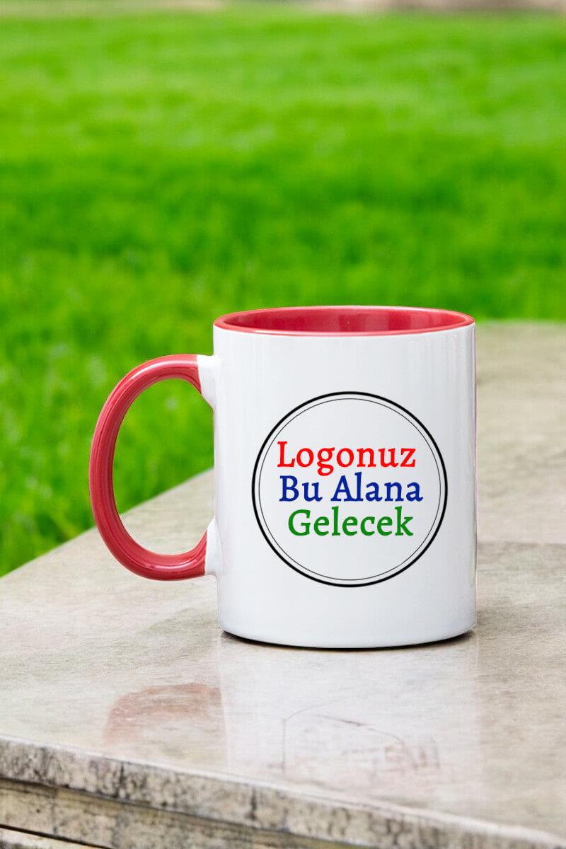 Porselen Silindir Logolu Promosyon İçi ve Kulpu Kırmızı Kupa Bardak