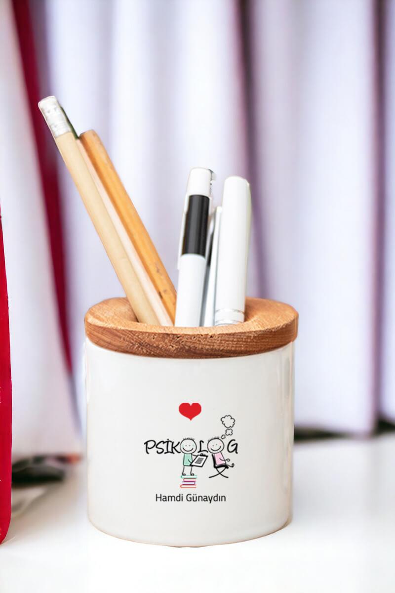 Psikolog Ahşap Kapaklı Kalemlik