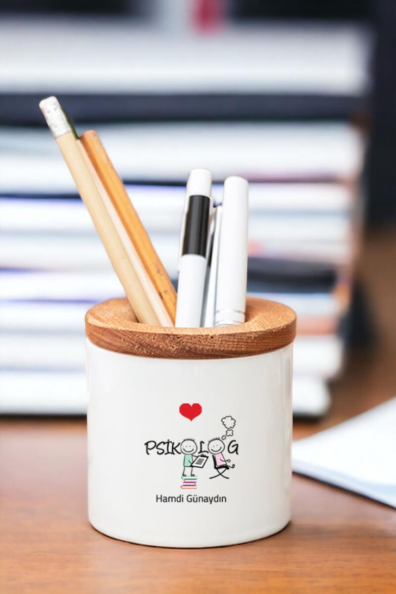 Psikolog Ahşap Kapaklı Kalemlik