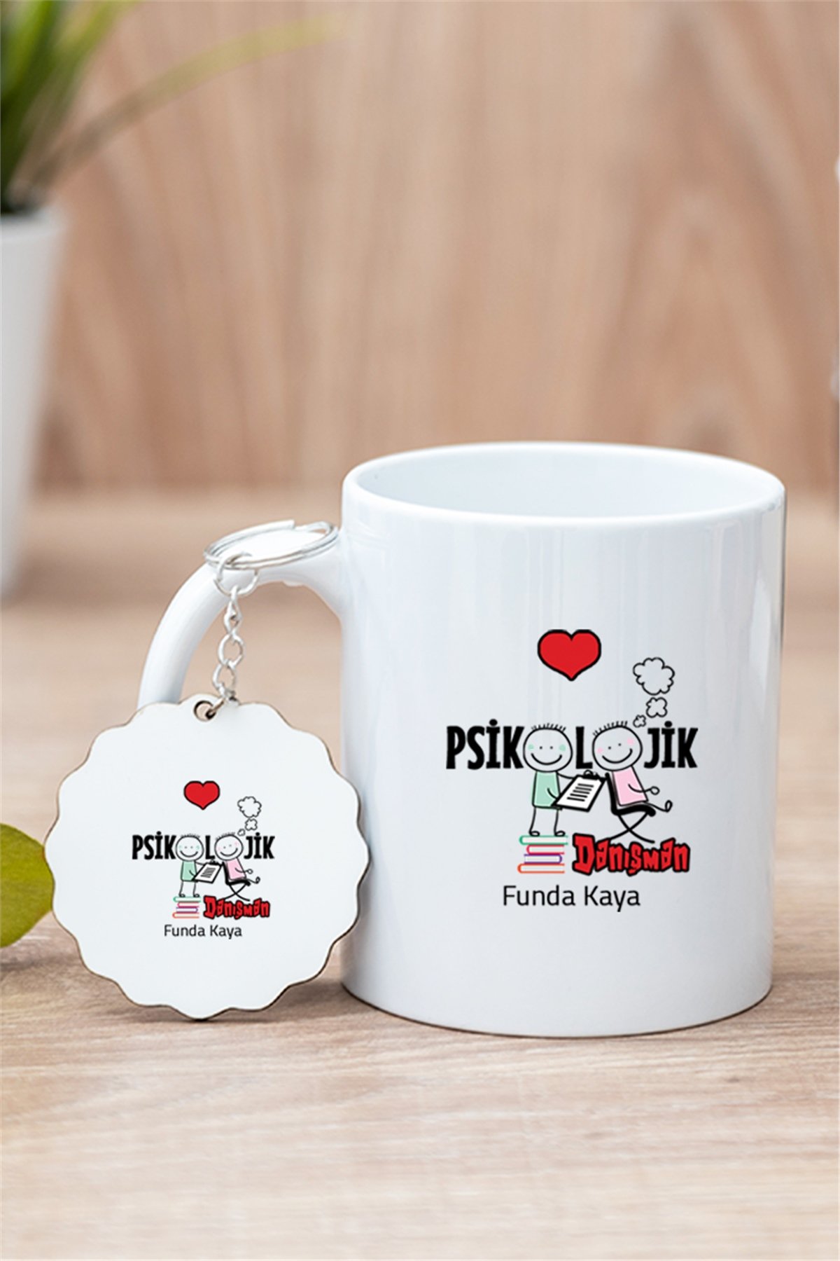 Psikolojik Danışman Beyaz Kupa Bardak ve Ahşap Anahtarlık