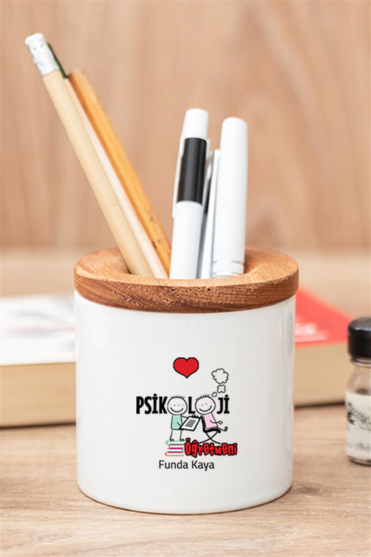 Psikolojik Danışmana Hediye Seti Ahşap Altlıklı Fincan ve Kalemlik