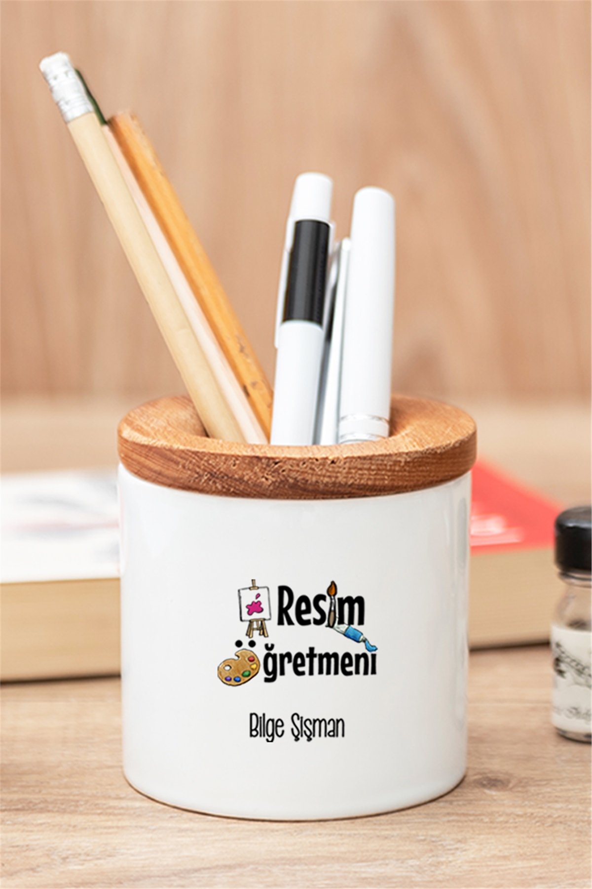 Resim Öğretmeni Ahşap Kapaklı Kalemlik