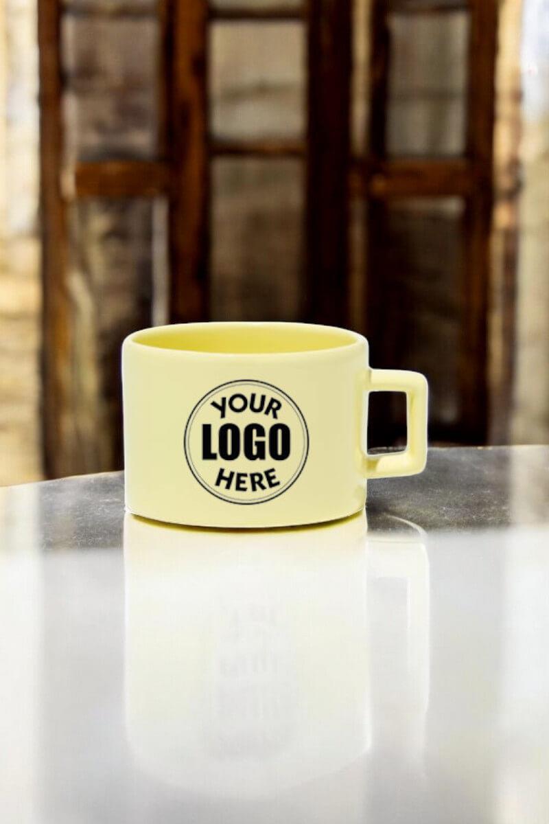 Seramik Logo Baskılı Pastel Sarı Promosyon Çay ve Kahve Fincanı