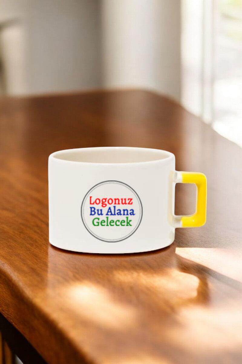 Seramik Logo Baskılı Sarı Kulplu Promosyon Çay ve Kahve Fincanı