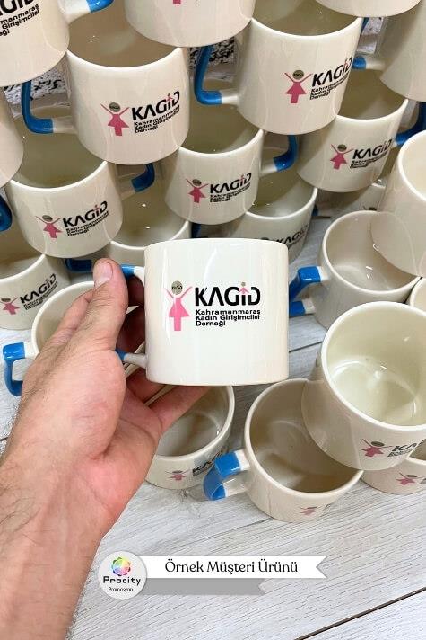 Seramik Orta Boy Logo Baskılı Mavi Kulplu Promosyon Kupa Bardak