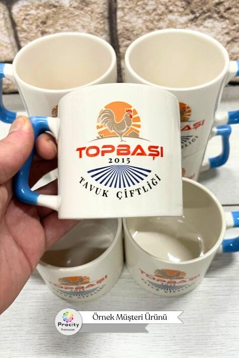 Seramik Orta Boy Logo Baskılı Mavi Kulplu Promosyon Kupa Bardak