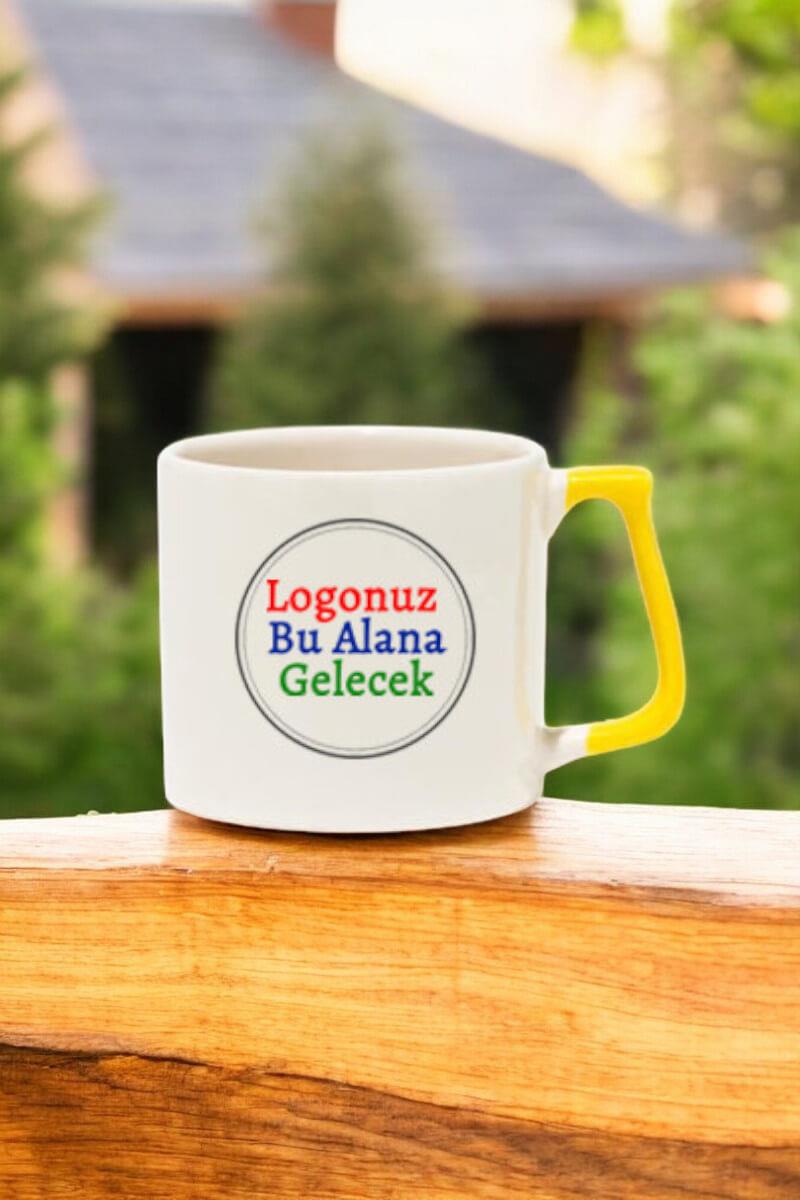 Seramik Orta Boy Logo Baskılı Sarı Kulplu Promosyon Kupa Bardak