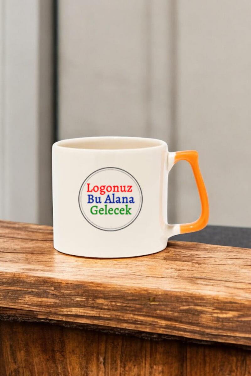 Seramik Orta Boy Logo Baskılı Turuncu Kulplu Promosyon Kupa Bardak