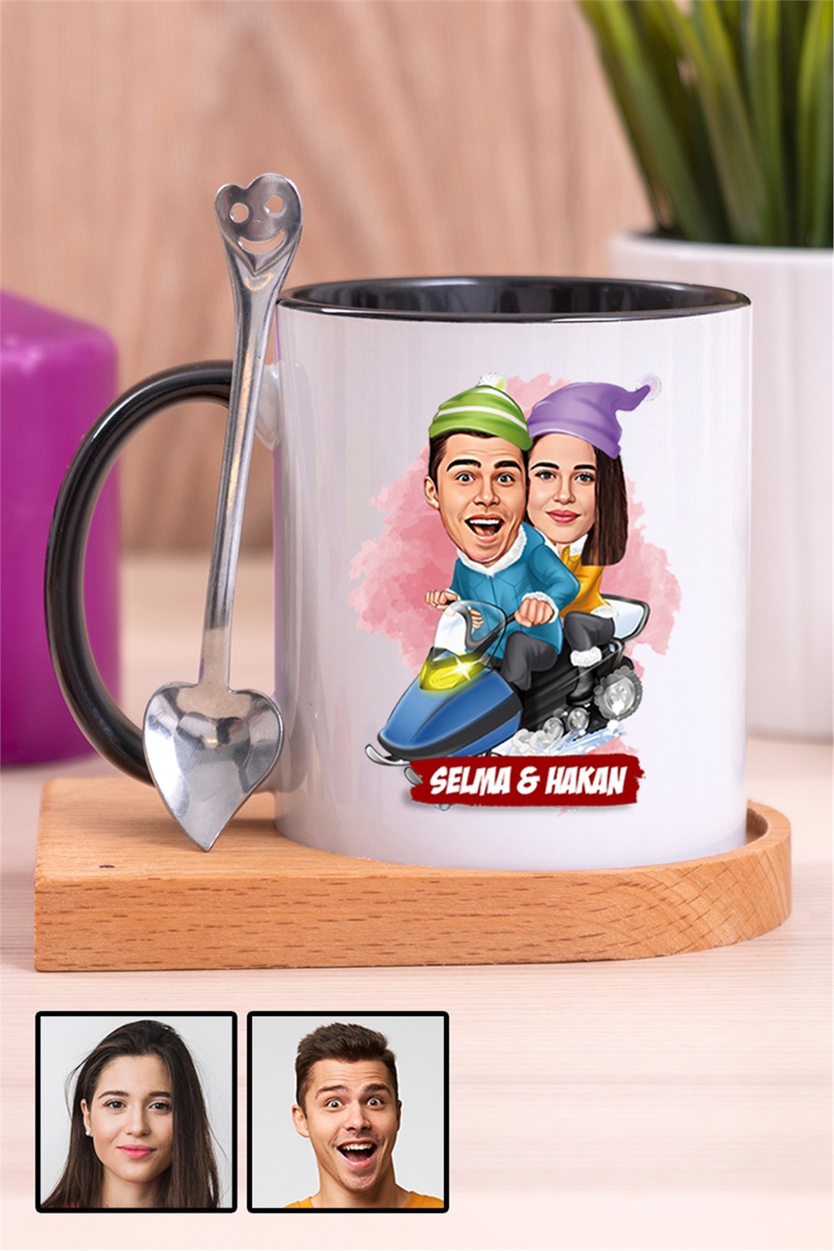 Sevgililere Komik Hediye Kış Temalı  Karikatürlü Ahşap Altlıklı İçi Renkli Kupa Bardak
