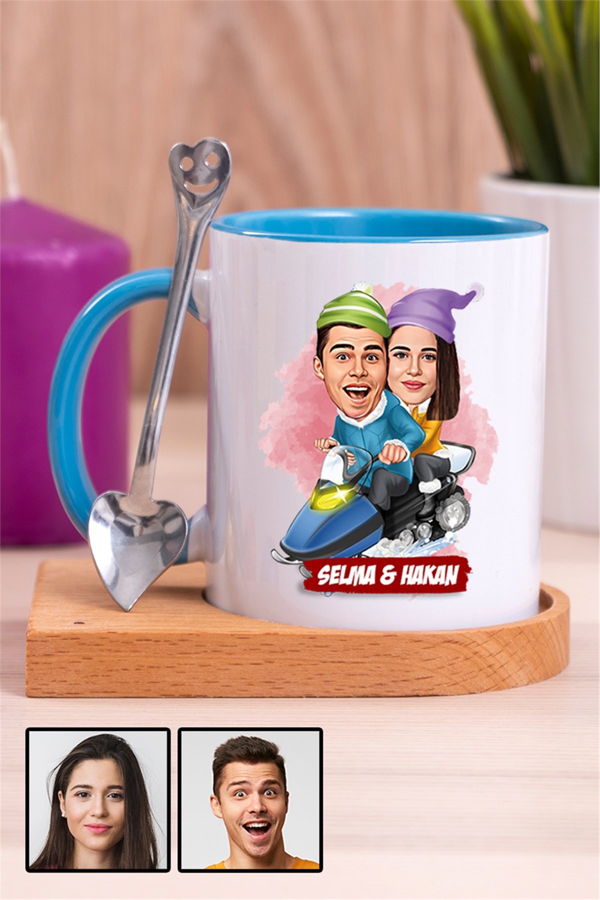 Sevgililere Komik Hediye Kış Temalı  Karikatürlü Ahşap Altlıklı İçi Renkli Kupa Bardak