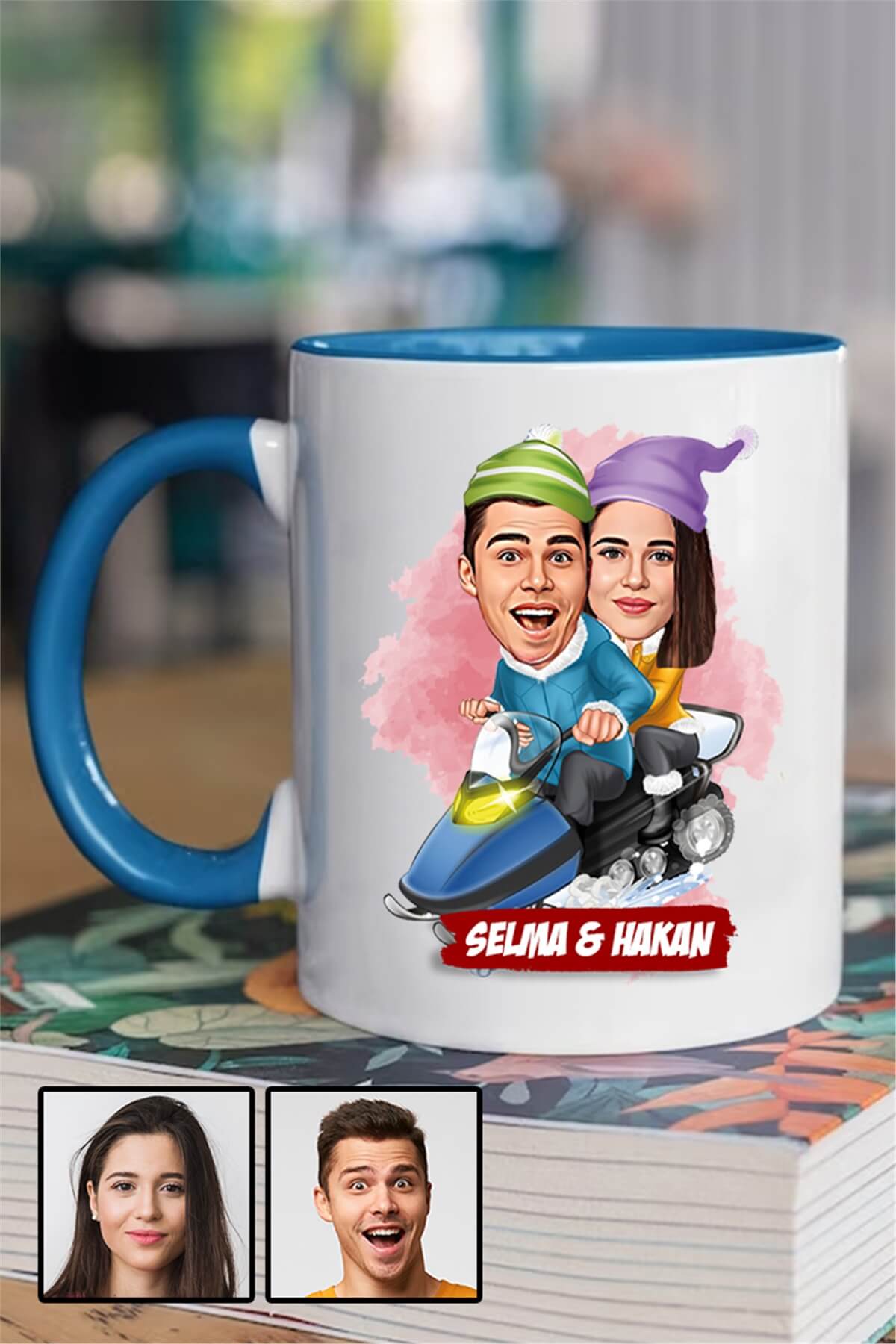Sevgililere Komik Hediye Kış Temalı  Karikatürlü İçi Renkli Kupa Bardak