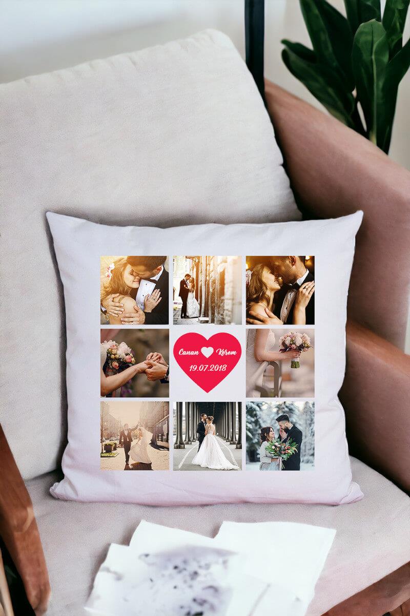 Sevgililere Özel 8 Fotoğraflı Kolaj Saten Kare Yastık