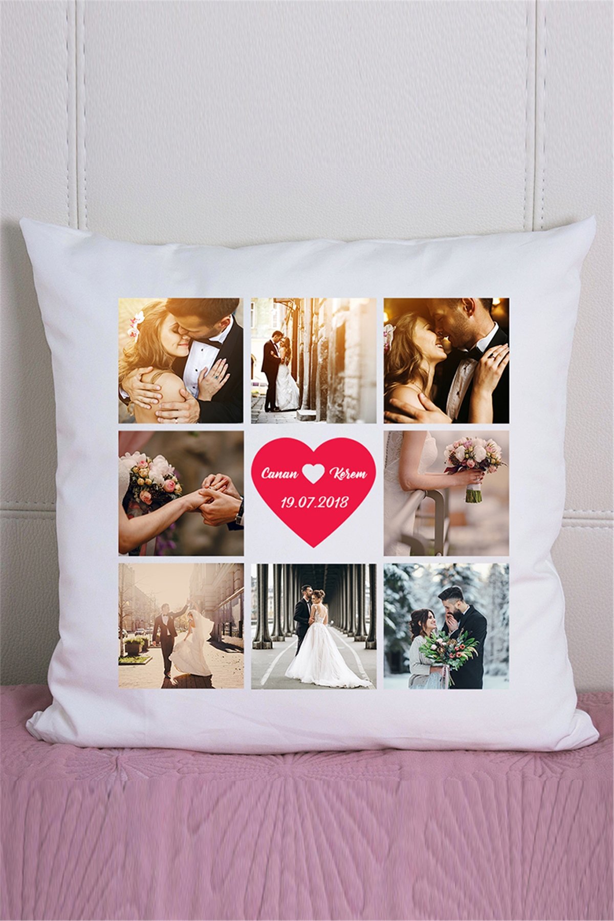 Sevgililere Özel 8 Fotoğraflı Kolaj Saten Kare Yastık