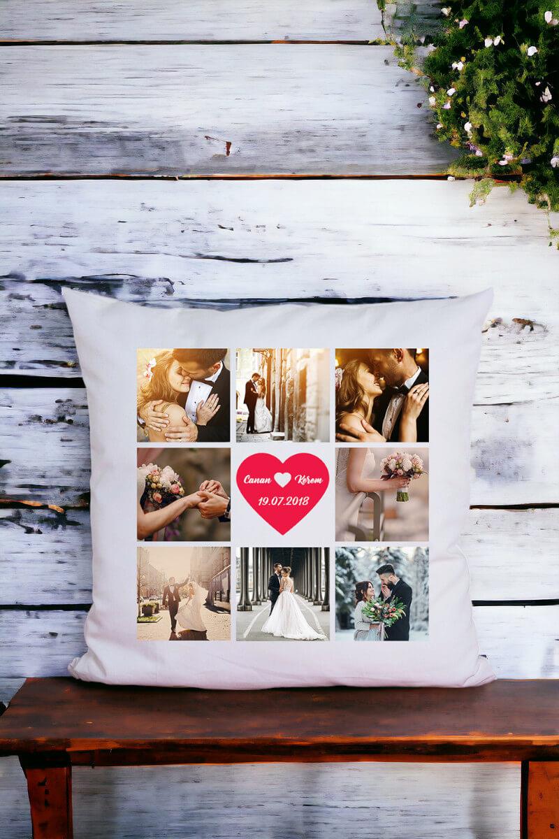 Sevgililere Özel 8 Fotoğraflı Kolaj Saten Kare Yastık