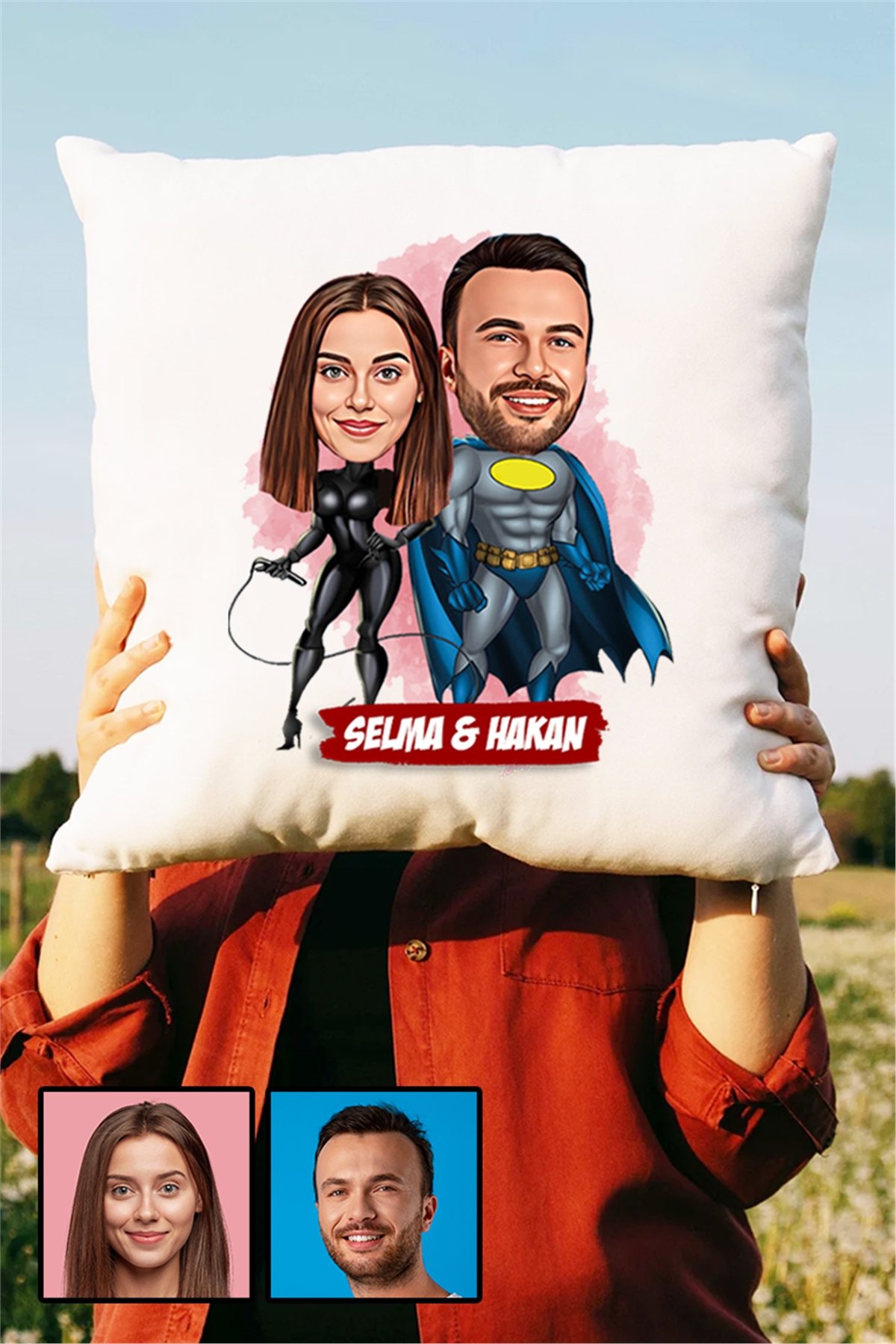 Sevgililere Özel Süper Kahraman  Karikatürlü Yastık