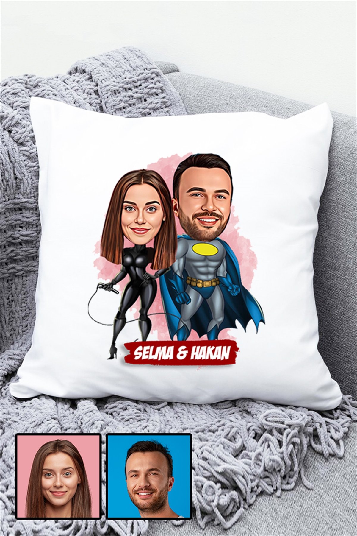 Sevgililere Özel Süper Kahraman  Karikatürlü Yastık