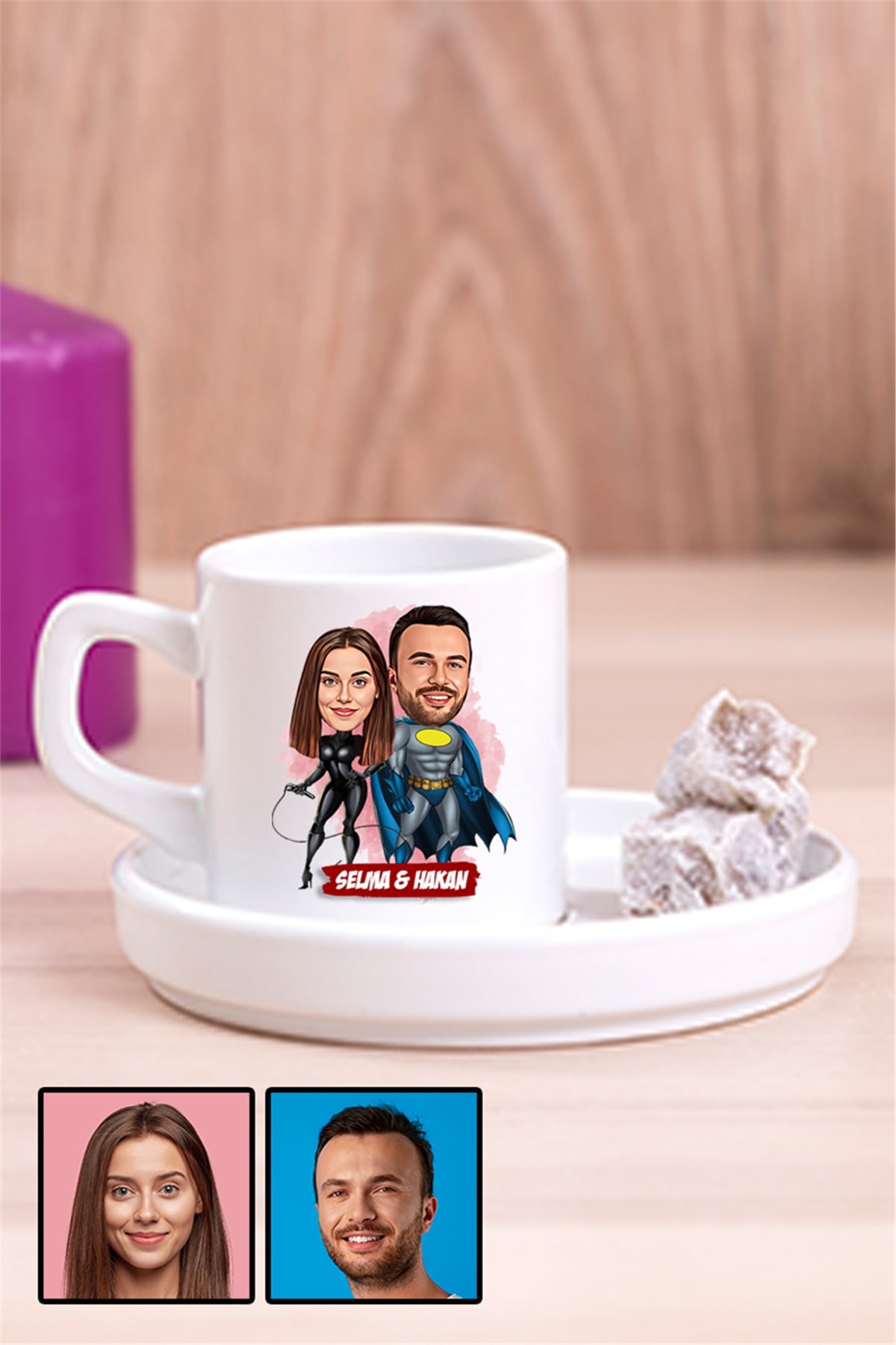 Sevgililere Özel Süper Kahraman  Karikatürlü Concept Türk Kahvesi Fincanı