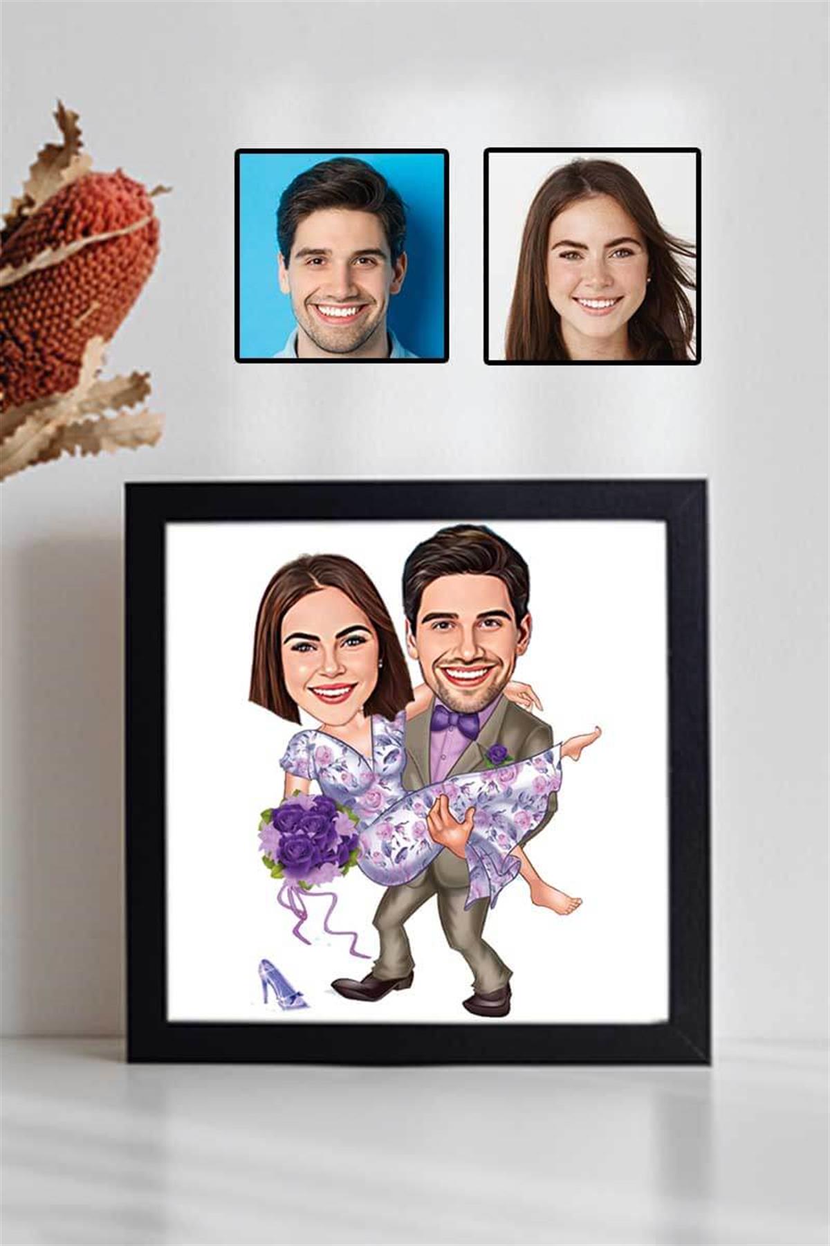 Sevgiliye Hediye Dans Eden Çiftler Karikatürlü Kare Çerçeve