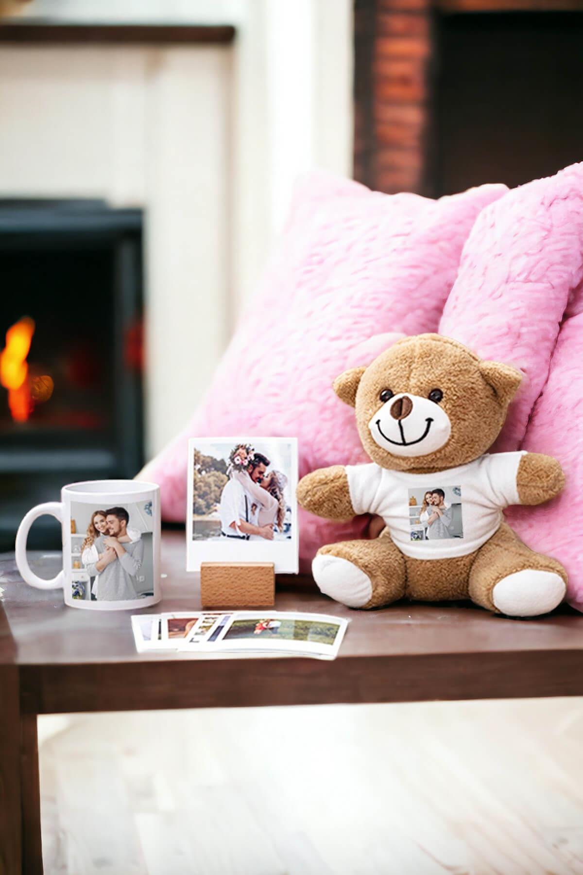 Sevgiliye Hediye Fotoğraflı Kupa Bardak Peluş Ayı ve Polaroid Fotoğraf Seti