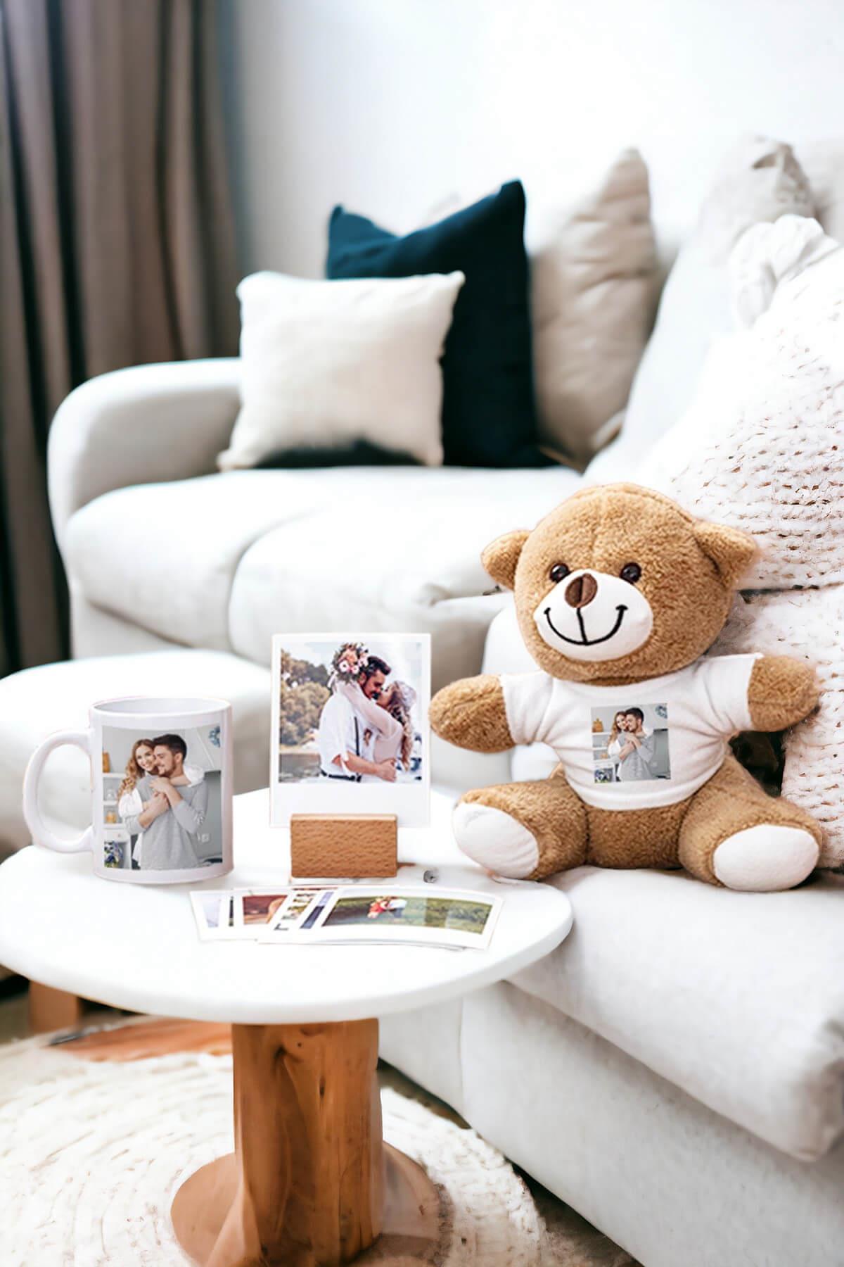 Sevgiliye Hediye Fotoğraflı Kupa Bardak Peluş Ayı ve Polaroid Fotoğraf Seti