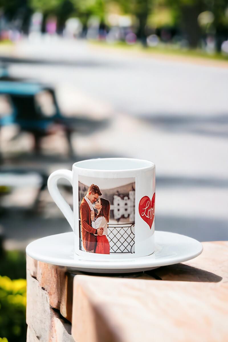Sevgiliye Hediye İki Fotoğraflı İkili Beyaz Türk Kahvesi Fincanı
